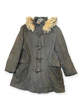Lone Pine Leather Duffle Coat Women's M Coyote Fur Hood Toggle USA Made Vintage
